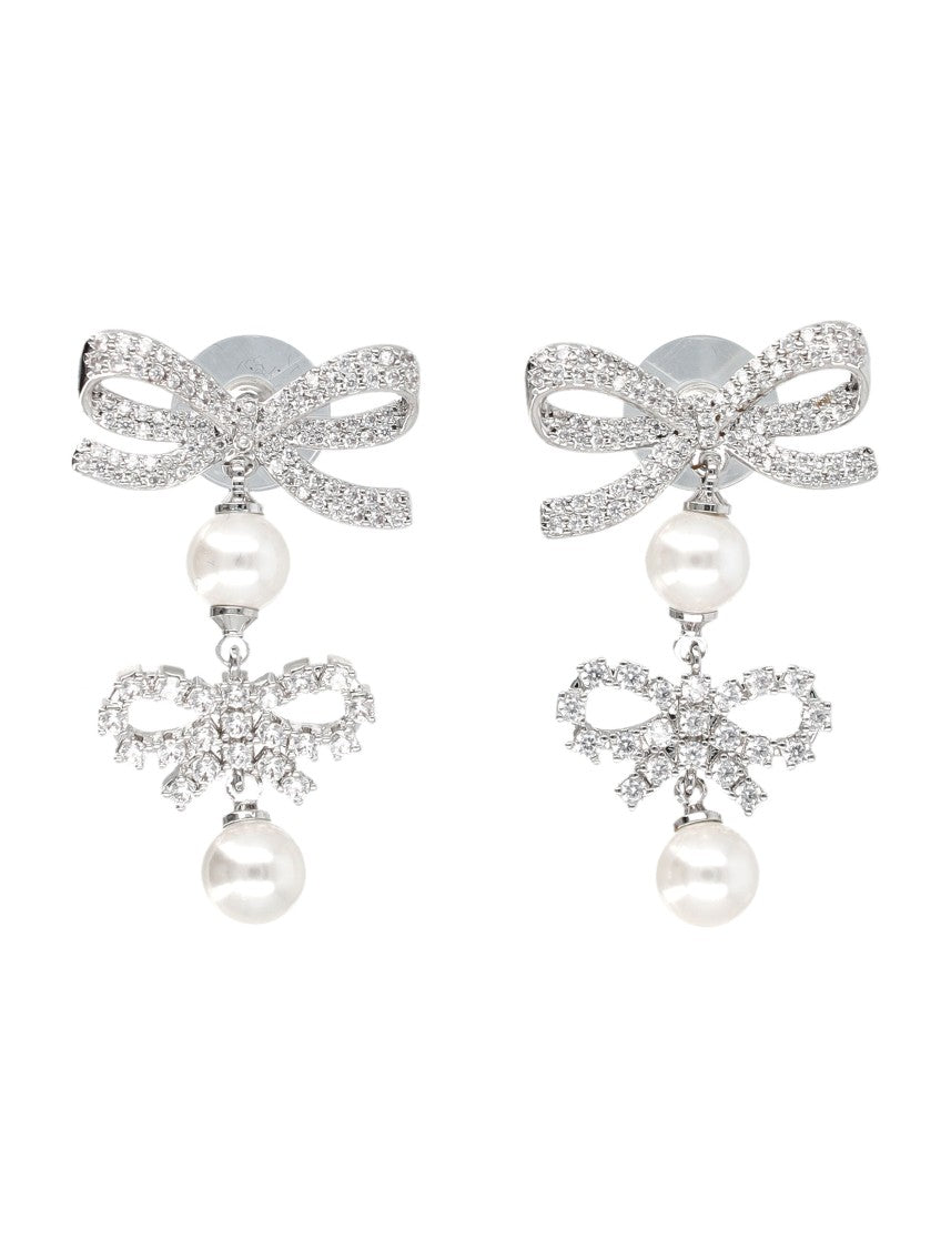 Self-Portrait Double Bow Crystal Pearl Drop Earrings