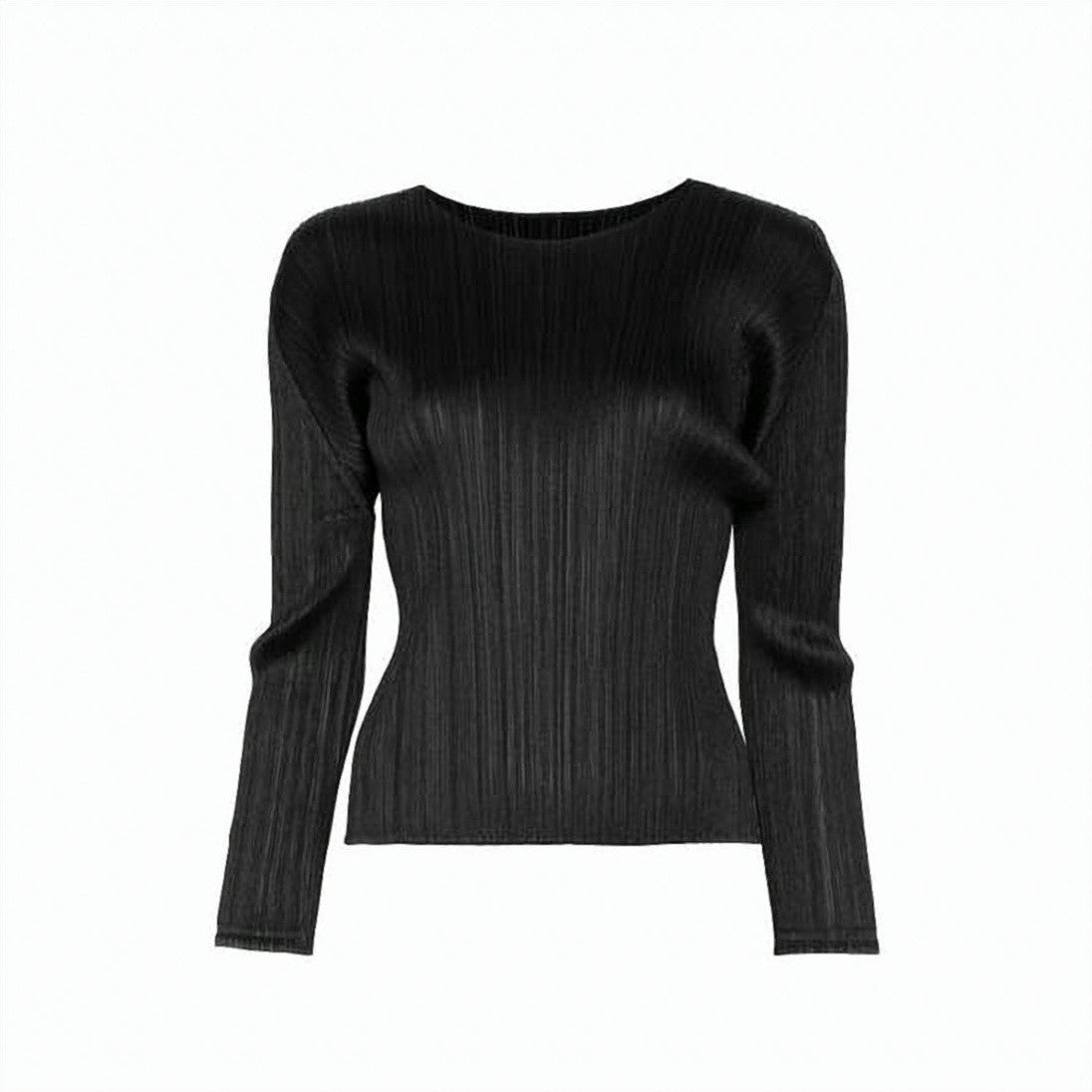 Pleats Please Textured Pleated Black Long-Sleeve Top