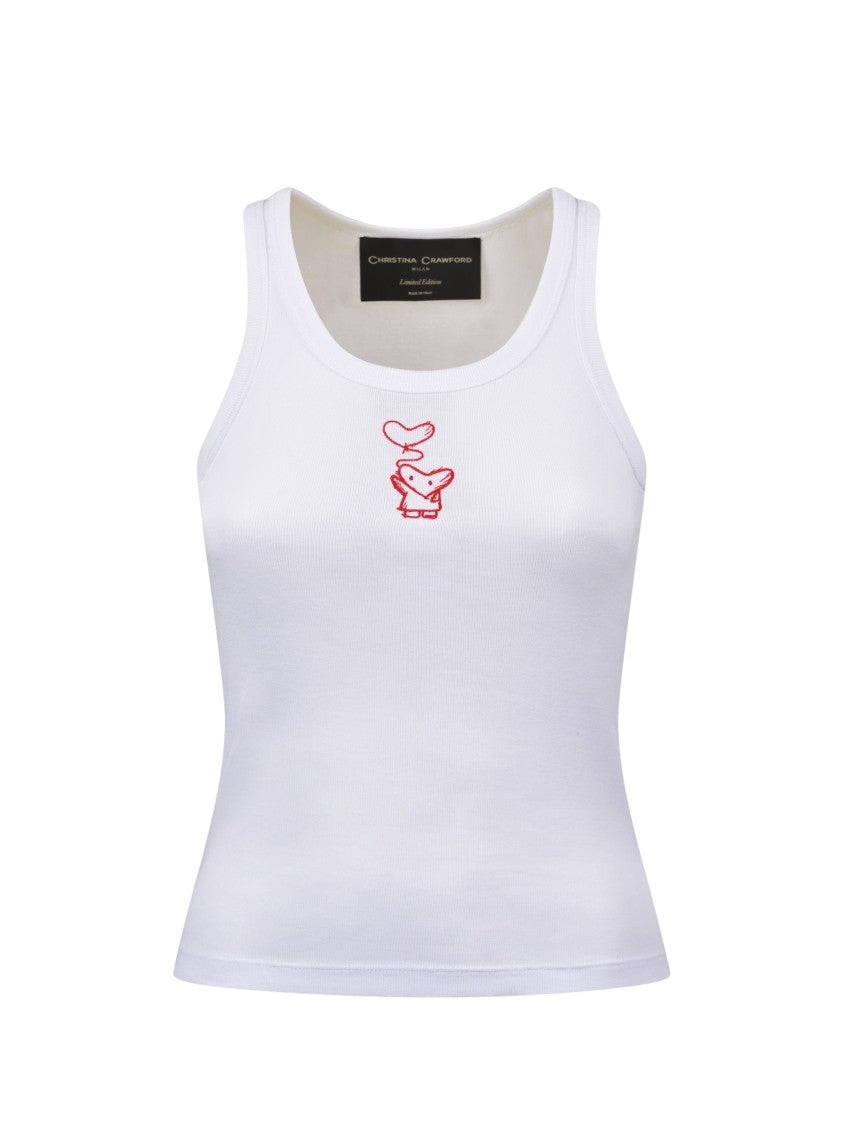Christina Crawford White Heart Embroidered Cotton Tank Top