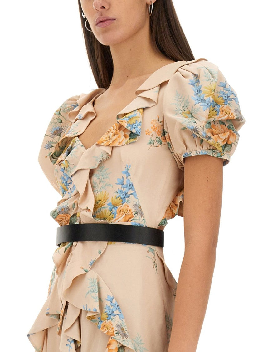 Alexander Mcqueen Floral Print Ruched Silk Dress