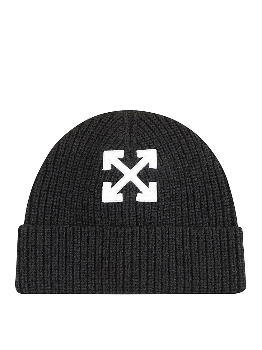 Off-White Ribbed Knit Beanie Hat With Folded Cuff
