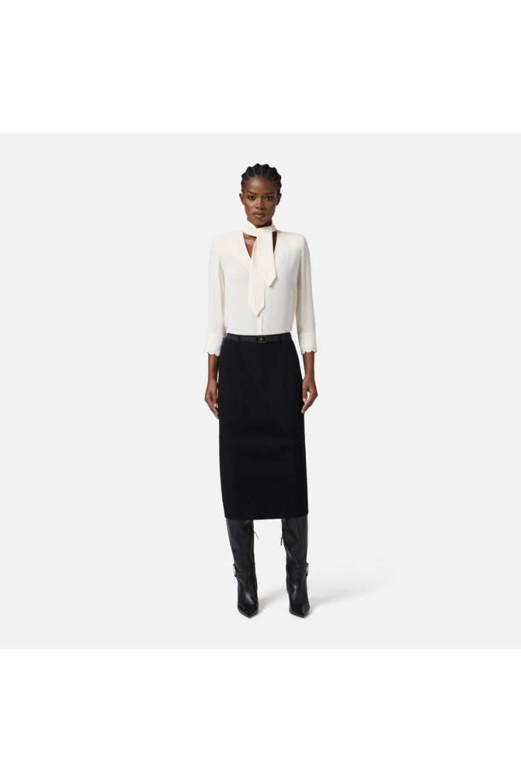 Elisabetta Franchi White Draped Tie-Neck Scalloped Cuff Viscose Blouse