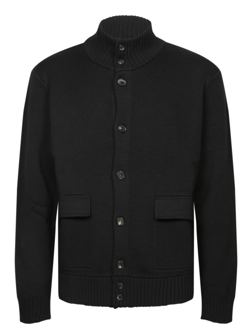 Zanone Ribbed Black Cardigan With High Neck And Pockets