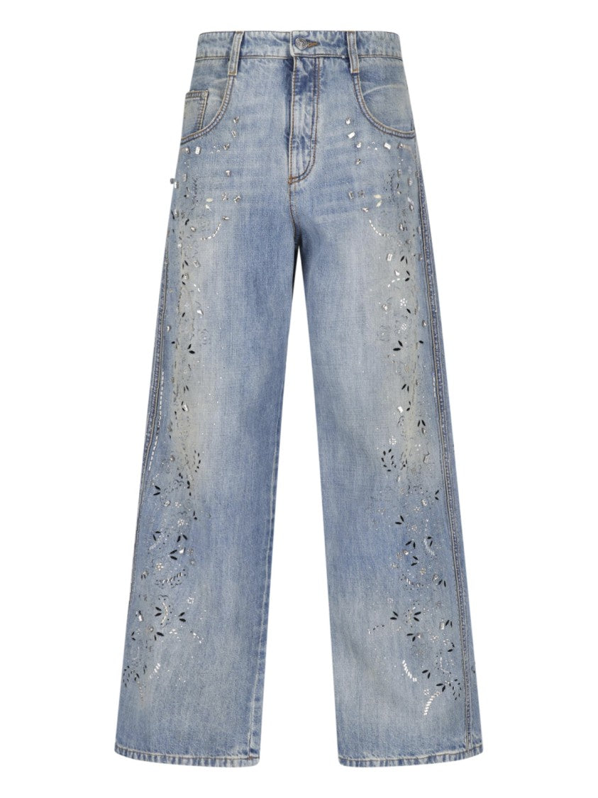 Ermanno Scervino Blue Crystal Stretch Cotton Wide-Leg Jeans