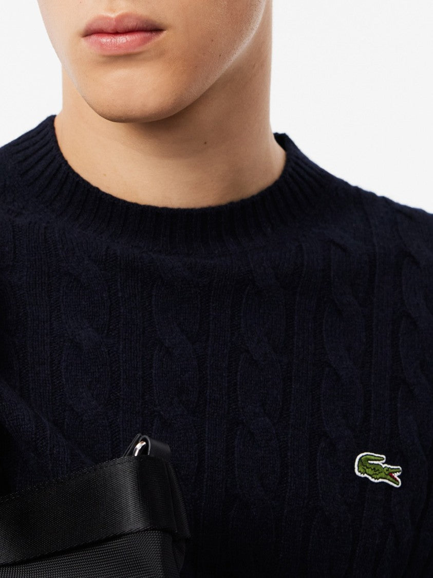 Lacoste Textured Cable-Knit Crewneck Sweater In Deep Blue