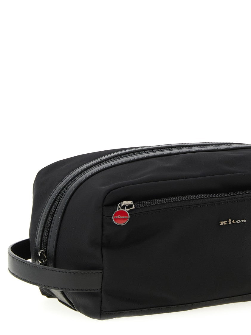 Kiton Rectangular Nylon Beauty Case With Leather Accents And Logo Details