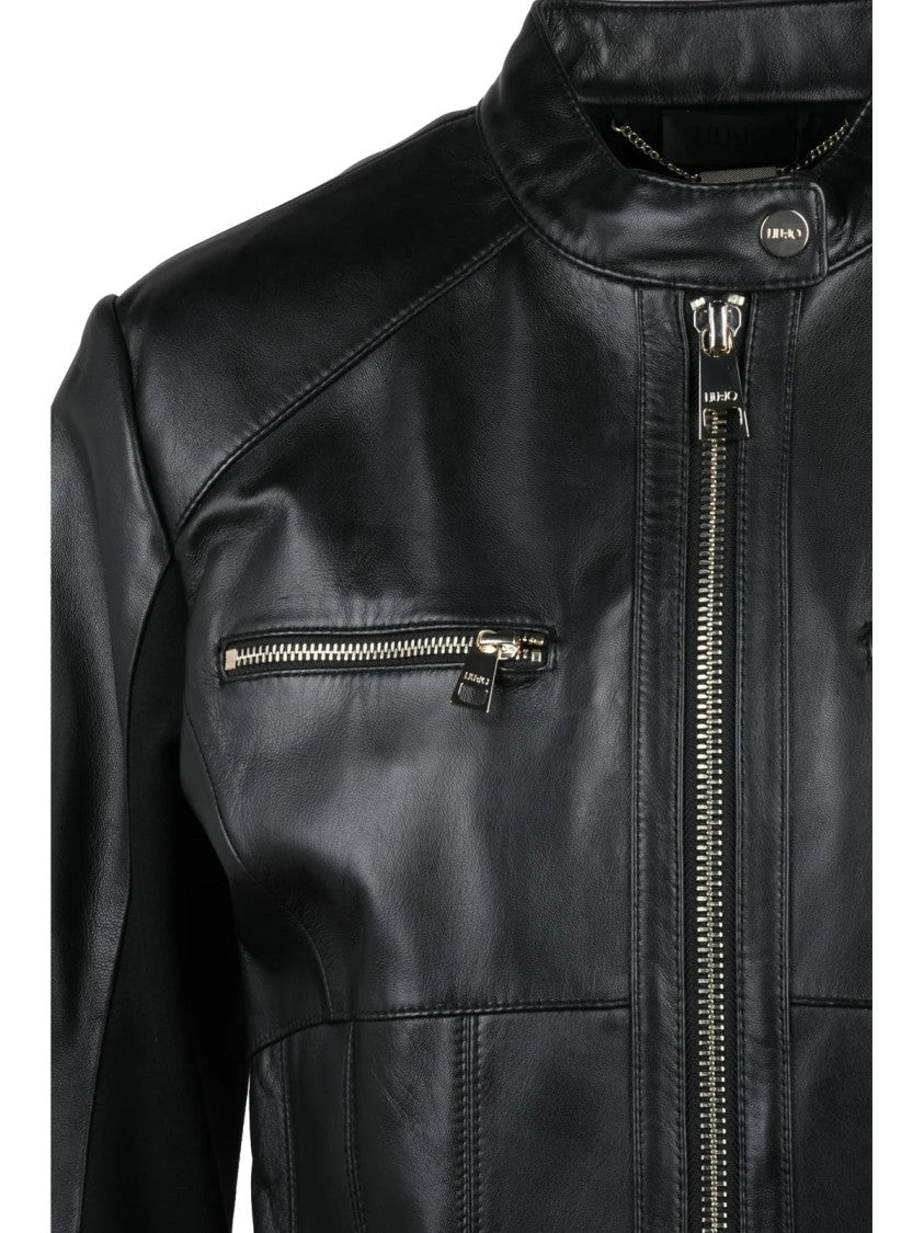 Liu Jo Black Cropped Zip-Detail Leather Leather Jacket