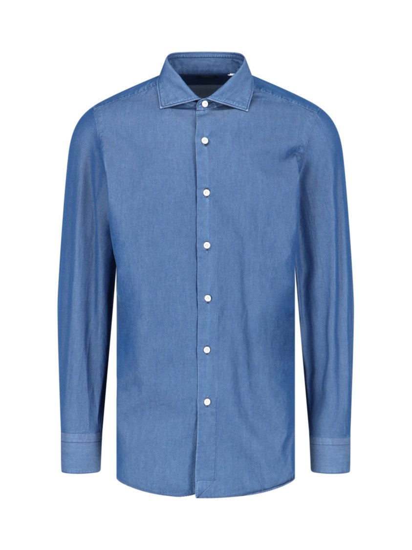 Finamore 1925 "Milano" Shirt In Blue Cotton Classic Collar