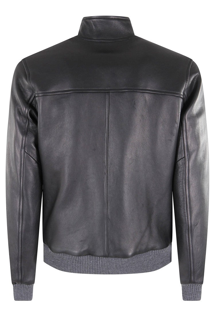 Hcr High Collar Black Leather Jacket With Ribbed Hem And Cuffs