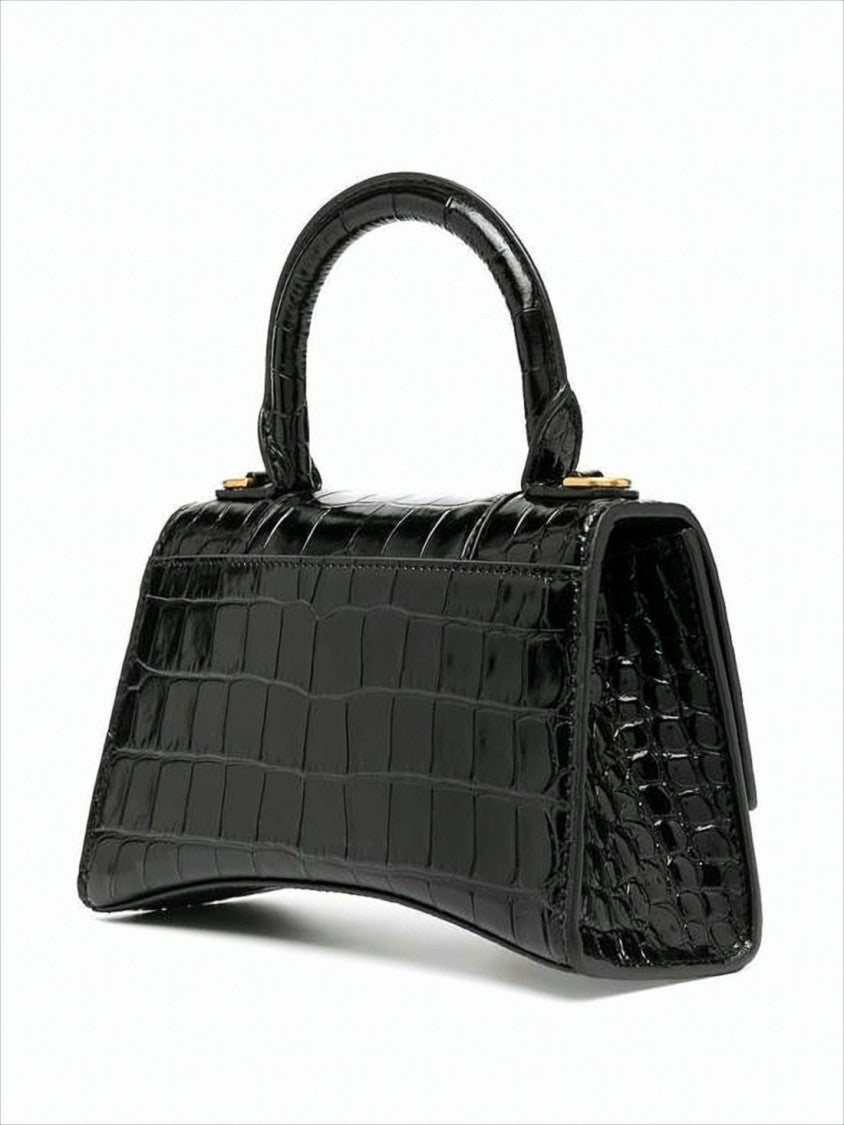 Balenciaga Glossy Black Crocodile-Embossed Shoulder Bag With Gold Logo Clasp