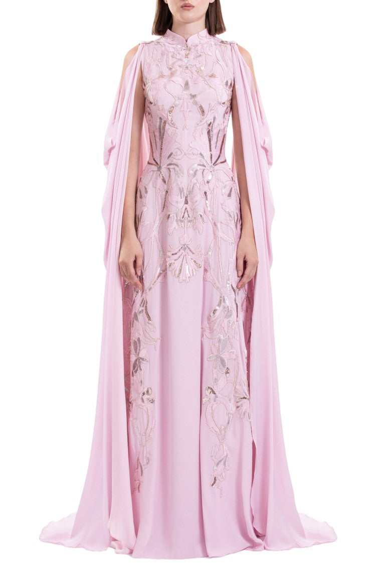 Saiid Kobeisy Crepe Georgette Dress With Draped Sleeves