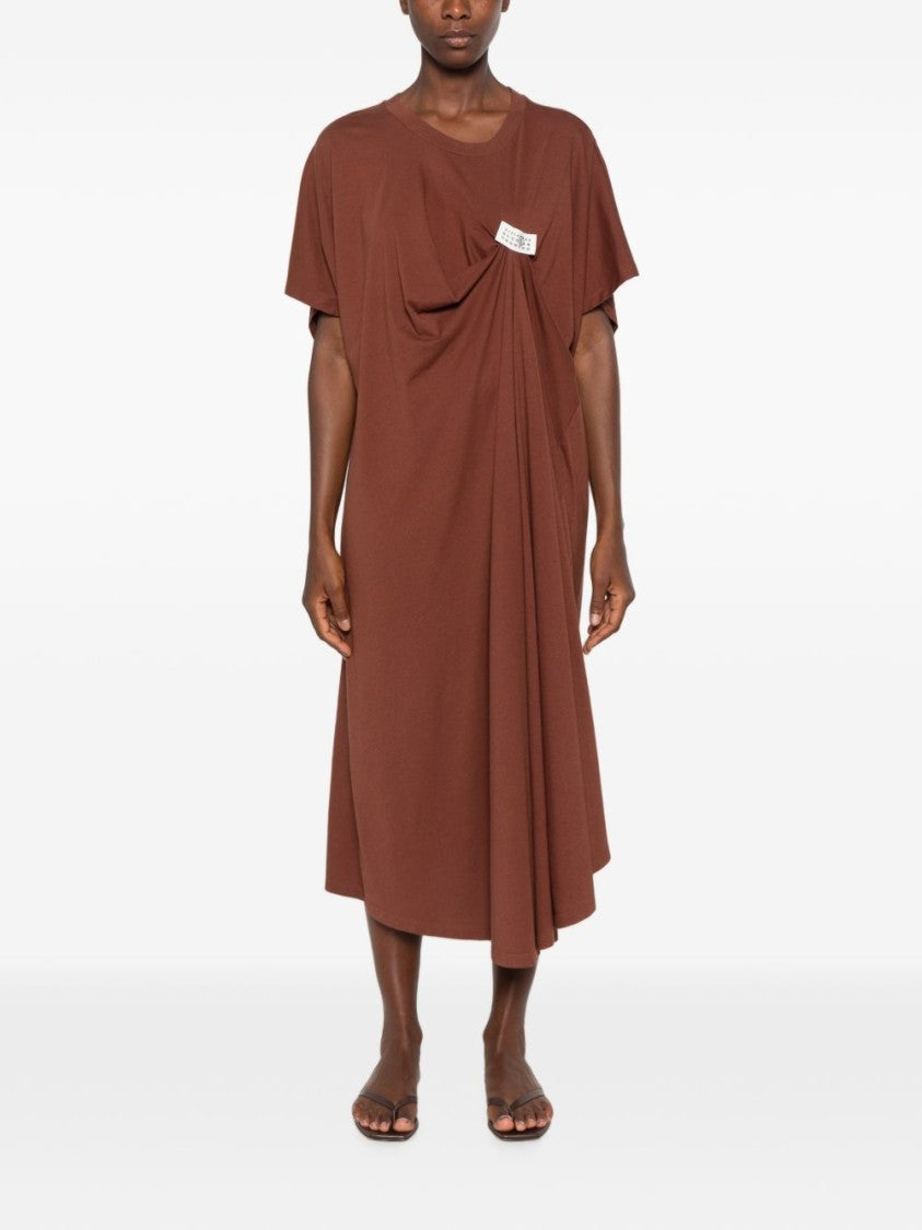 Mm6 By Maison Margiela Asymmetrical Brown Midi Dress With Draped Detail