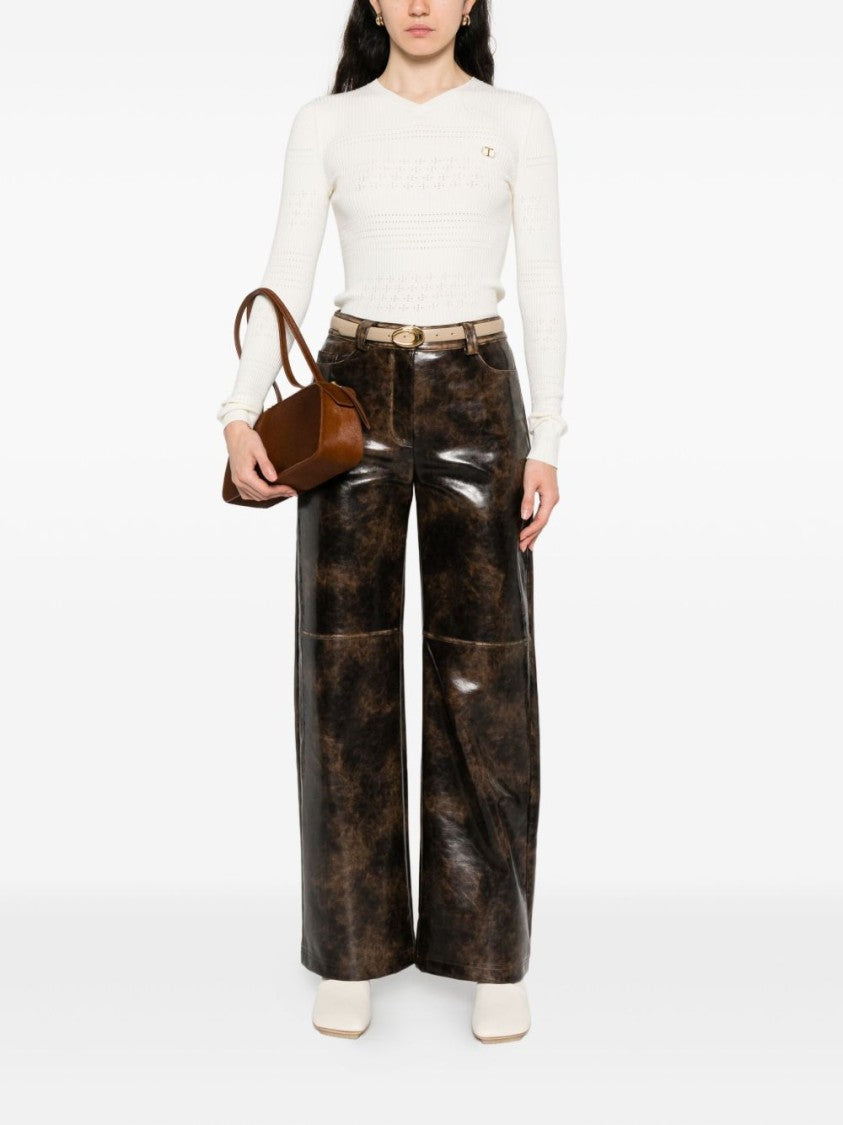 Twin-Set Pointelle-Knit Sweater With V-Neck