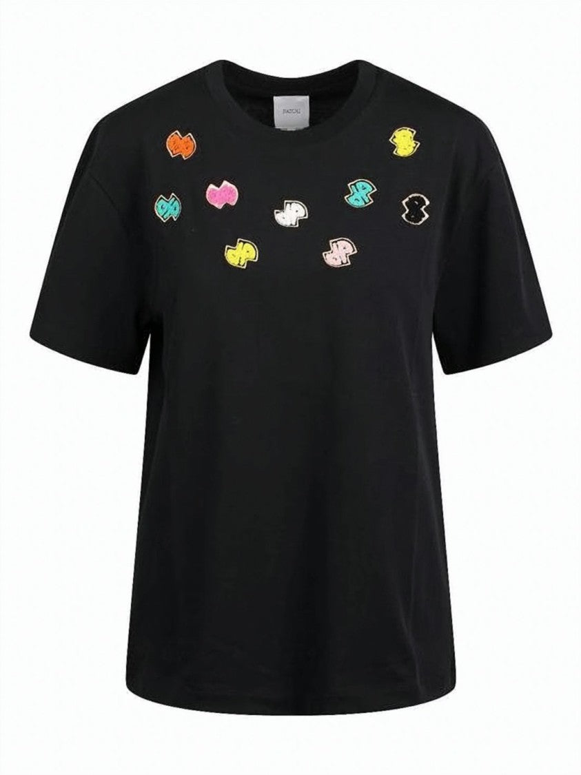 Patou Short-Sleeved Black Cotton T-Shirt With Abstract Patches