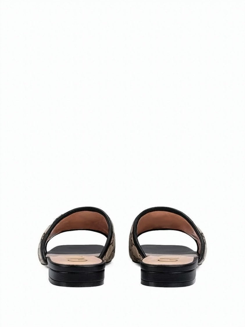 Gucci Beige Monogram Canvas Slip-On Sandals With Gold-Tone Logo