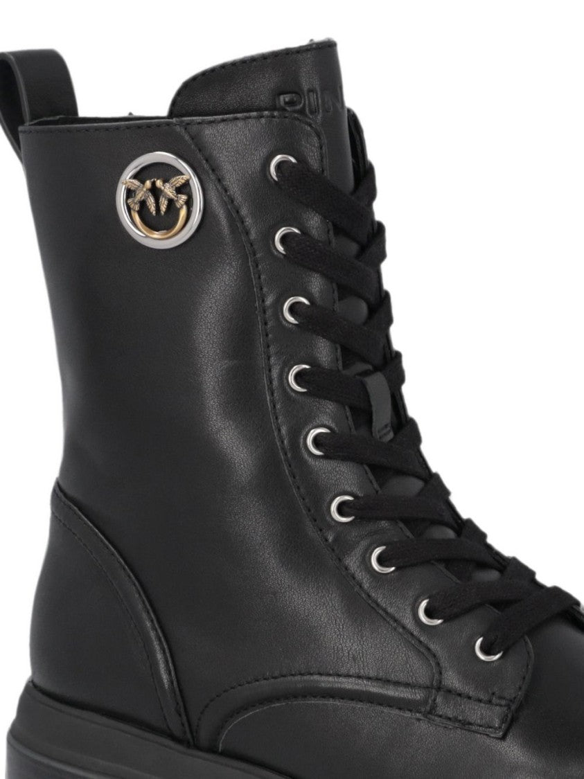 Pinko Lace-Up Smooth Leather Metallic Detail Boots