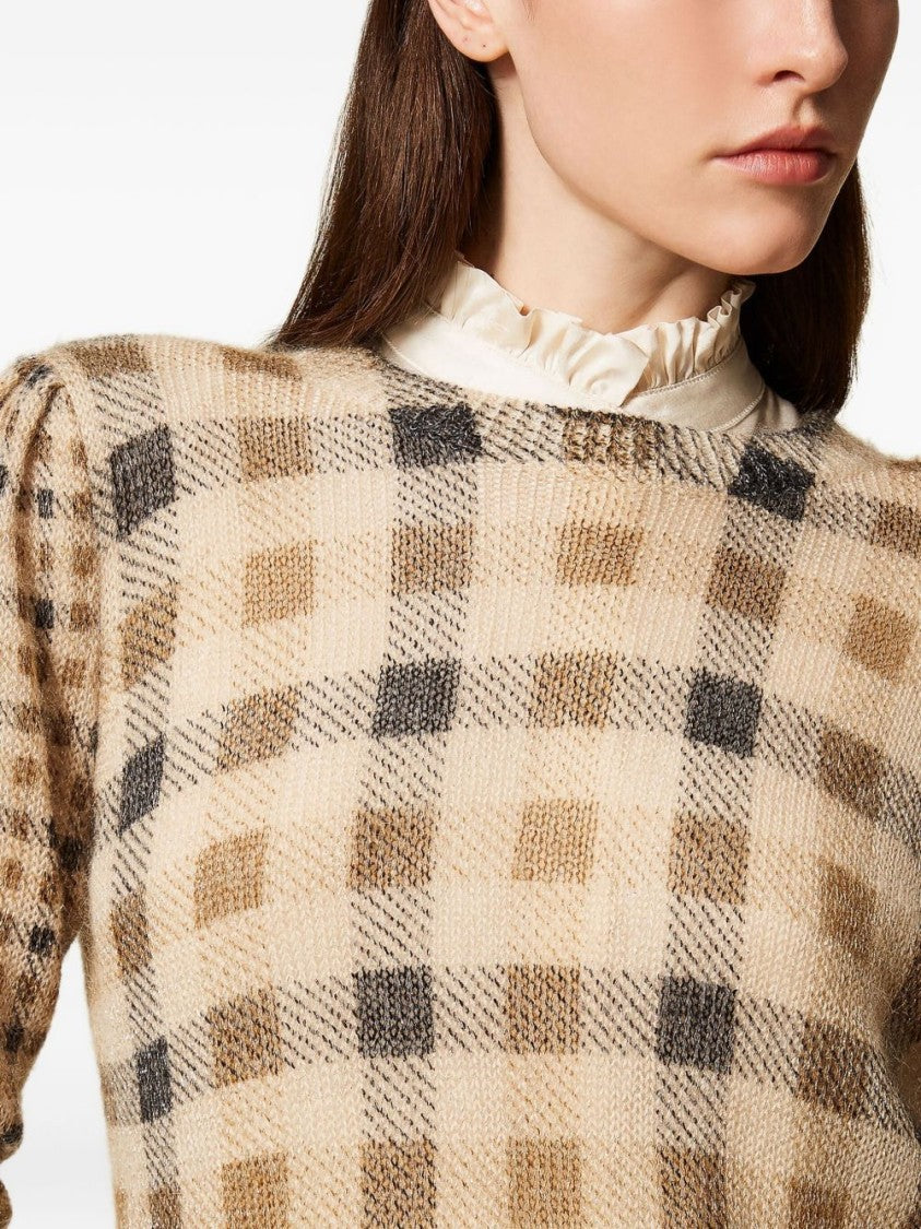 Twin-Set Checkered Knit Sweater With Puffed Sleeves