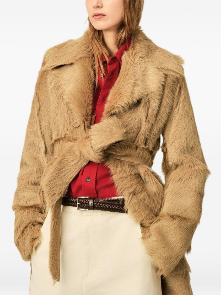 Ami Paris Double-Breasted Camel Coat With Textured Fur-Like Fabric