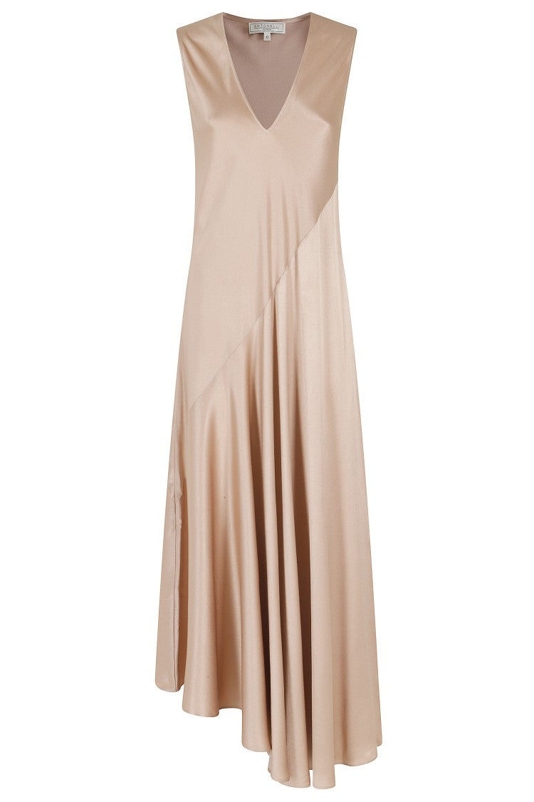 Antonelli Beige Natasha V-Neck Asymmetrical Acetate-Blend Midi Dress