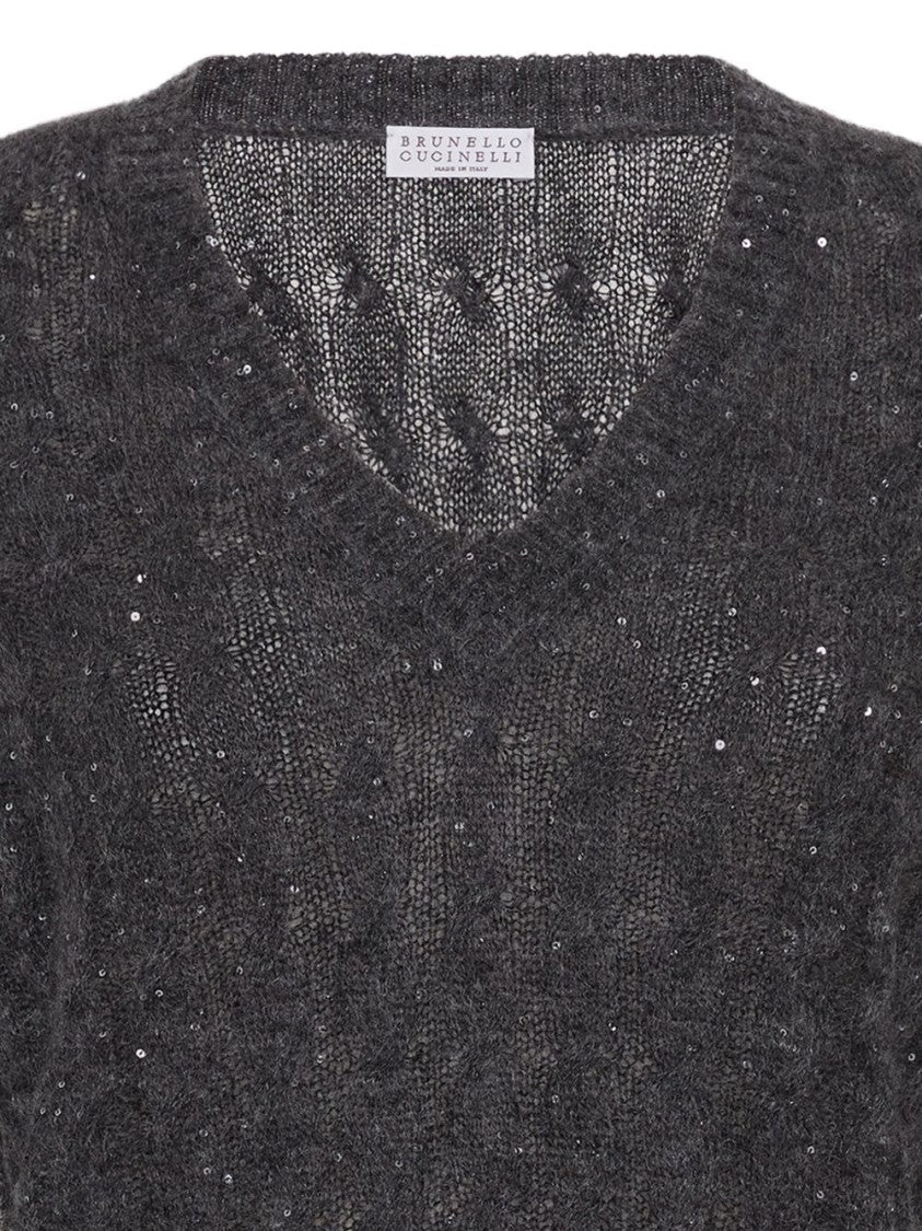 Brunello Cucinelli Textured Grey Knit Sweater With V-Neckline