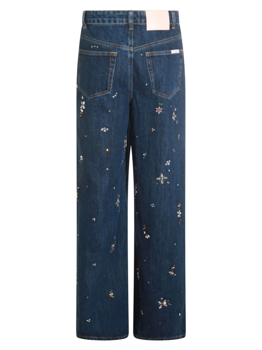 Self-Portrait Wide-Leg Denim Jeans With Floral Embellishments