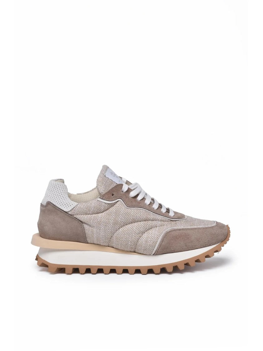 Eleventy Beige Lamé Fabric Suede Sneakers