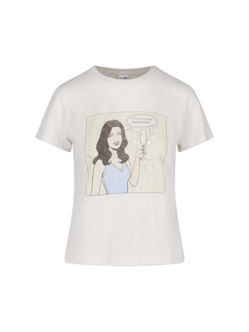 Re/Done White Printed Cotton T-Shirt
