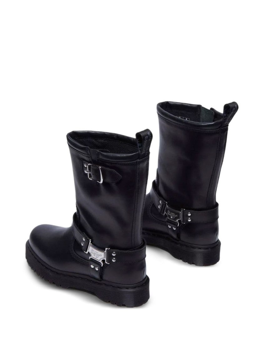 Dr. Martens Mid-Calf Black Leather Boots With Silver-Tone Hardware