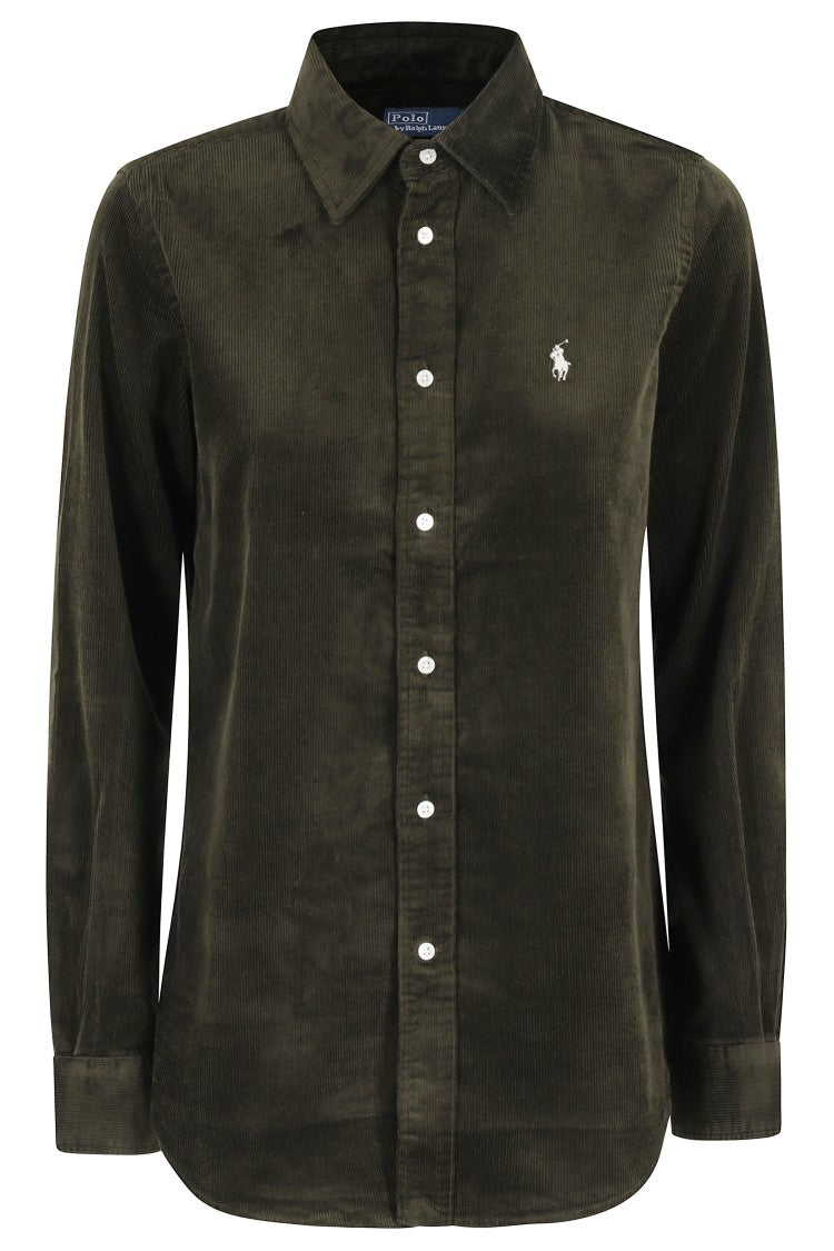 Polo Ralph Lauren Olive Long-Sleeve Velvet Ribbed Shirt With Classic Collar