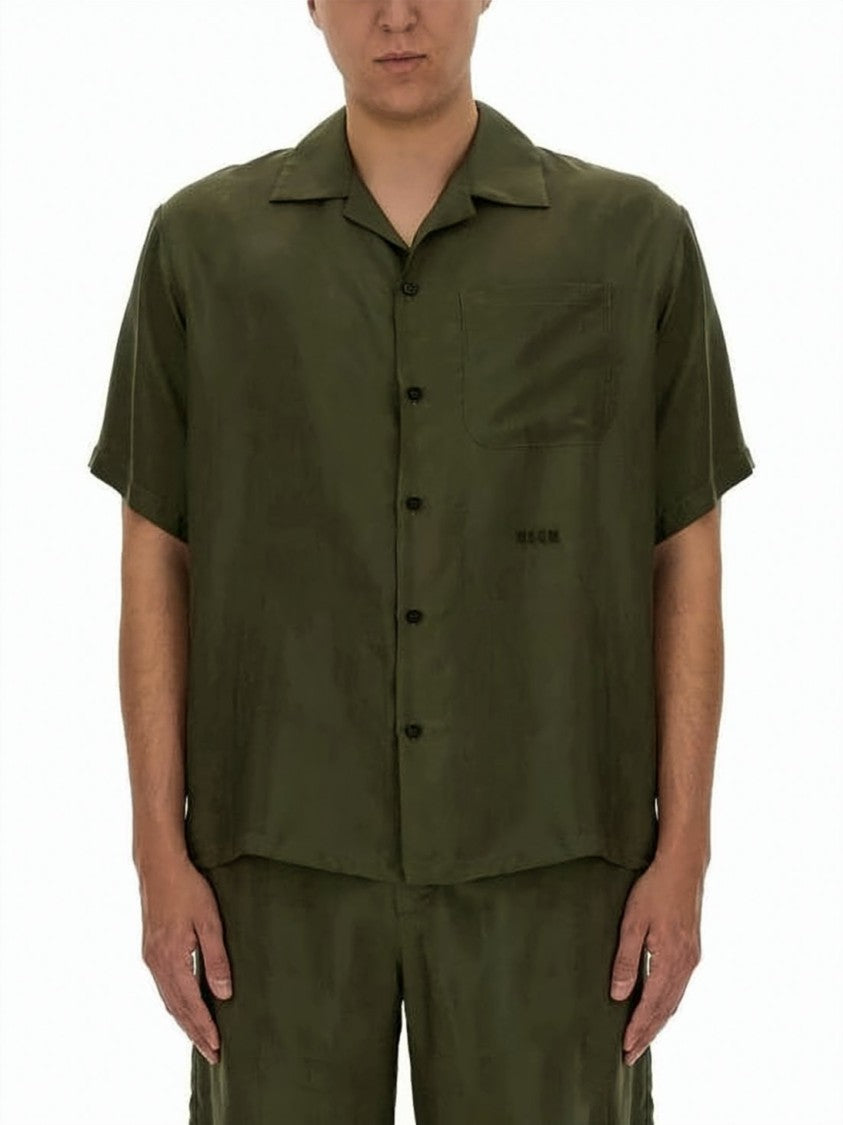 Msgm Relaxed-Fit Short Sleeve Shirt With Camp Collar In Deep Olive Green