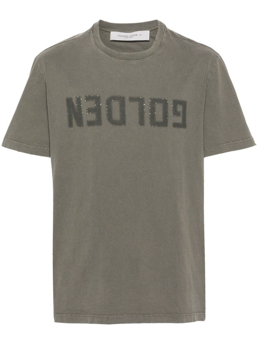 Golden Goose Dust Olive Green Distressed Printed Cotton T-Shirt