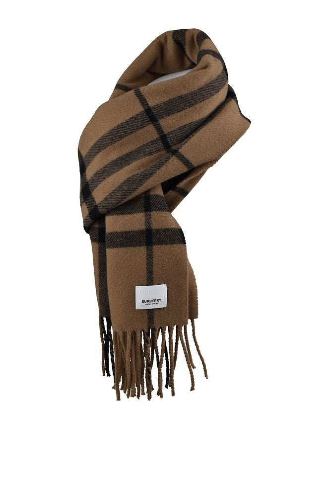 Burberry Plaid Camel Wool Scarf With Fringed Ends And Logo Detail