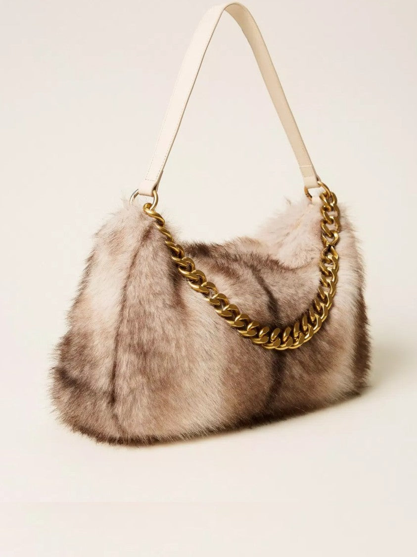 Twin-Set Faux Fur Handbag With Gold-Tone Chain Detail