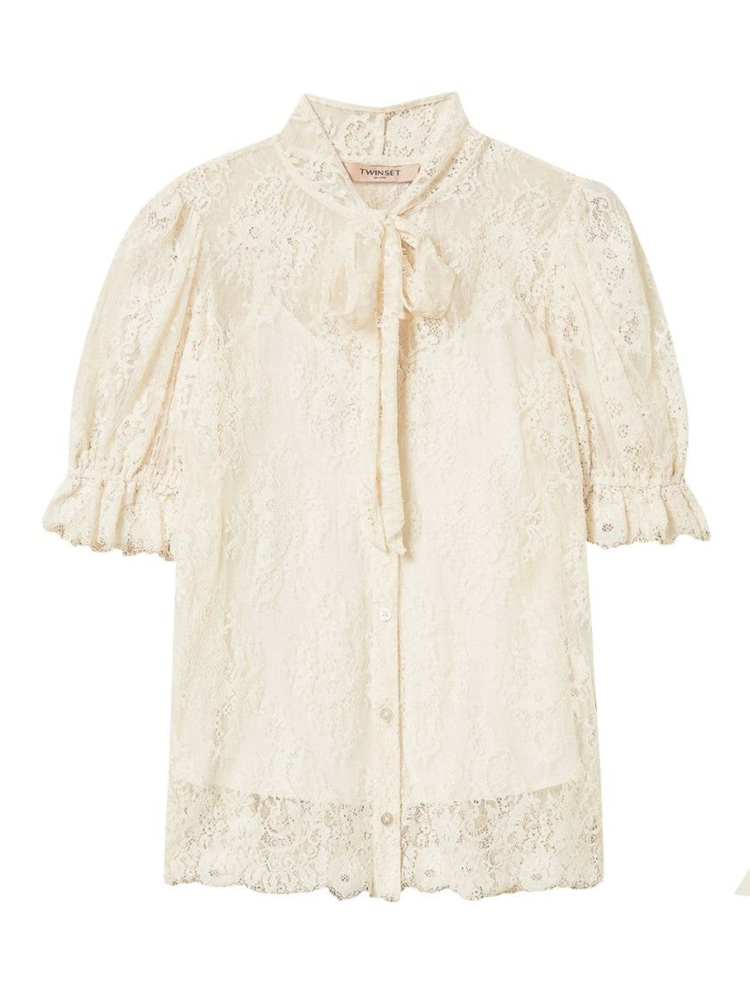 Twin-Set Lace-Detail Blouse With Puffed Sleeves And Tie-Neck