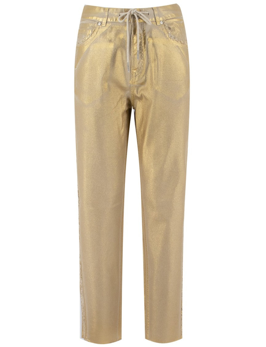 Panicale Fringe-Detailed Gold Viscose Trousers With Drawstring Waist