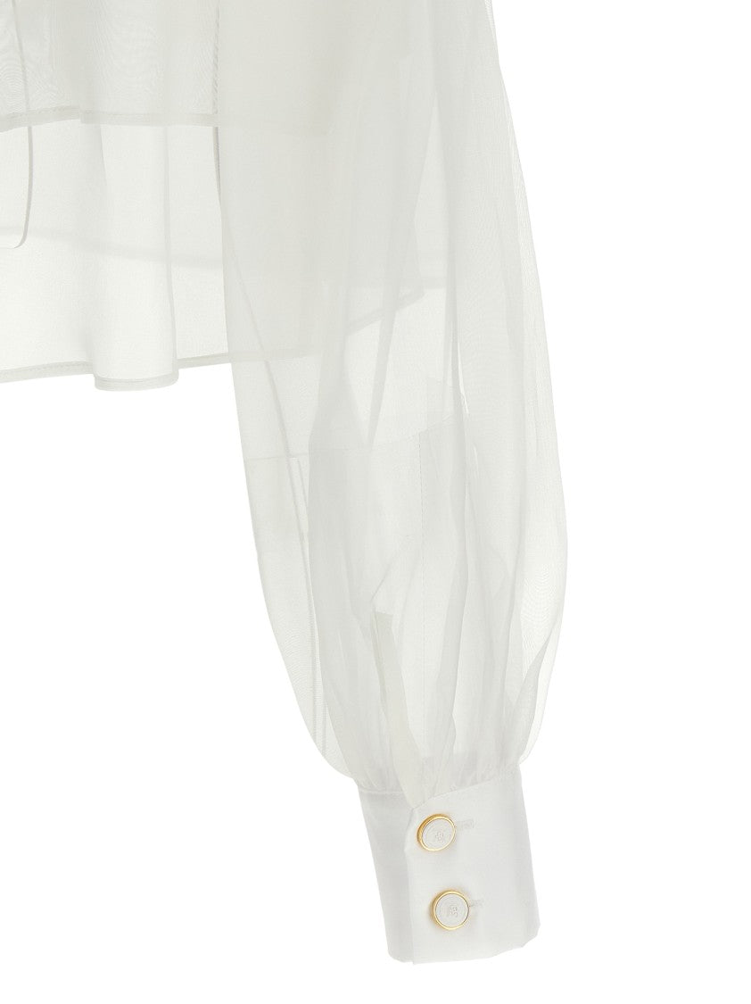 Elisabetta Franchi Cropped White Organza And Cotton Poplin Shirt With Crochet Logo Embroidery