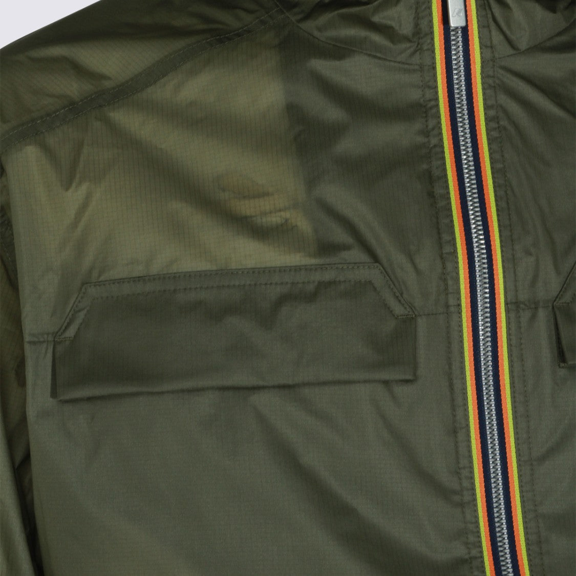 K-Way Translucent Olive Green Jacket With Multicolor Trim And Functional Pockets
