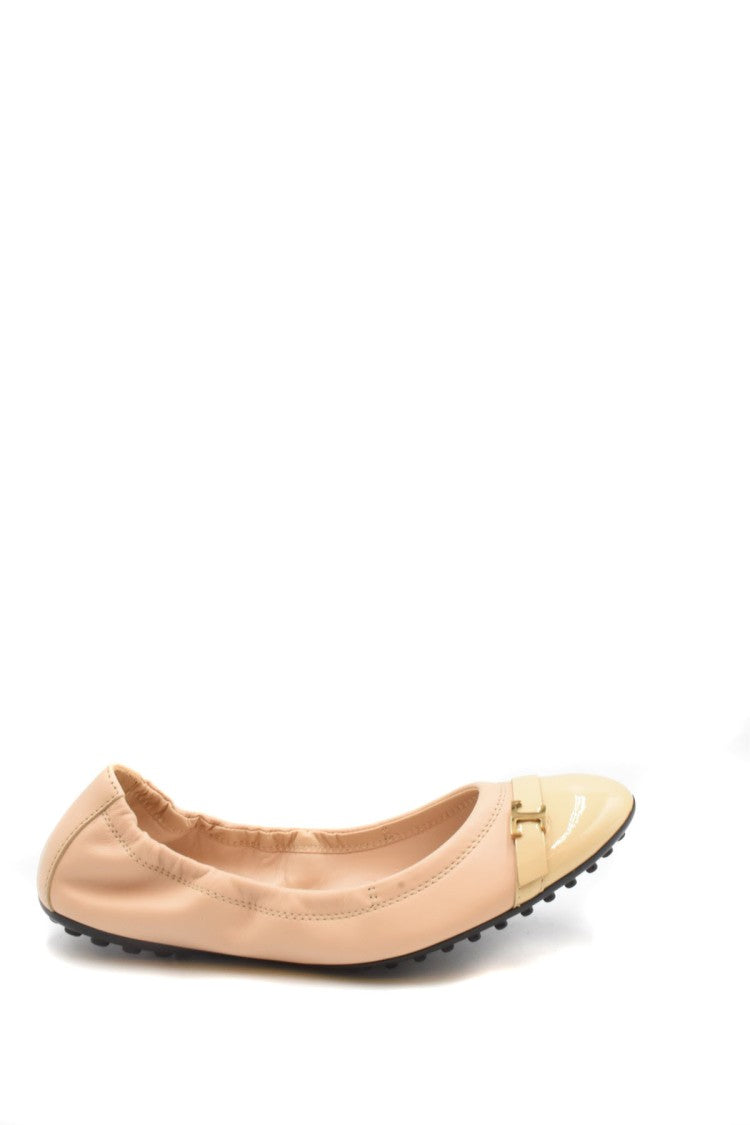 Tod's Beige Logo Buckle Patent Cap Toe Leather Ballet Flats