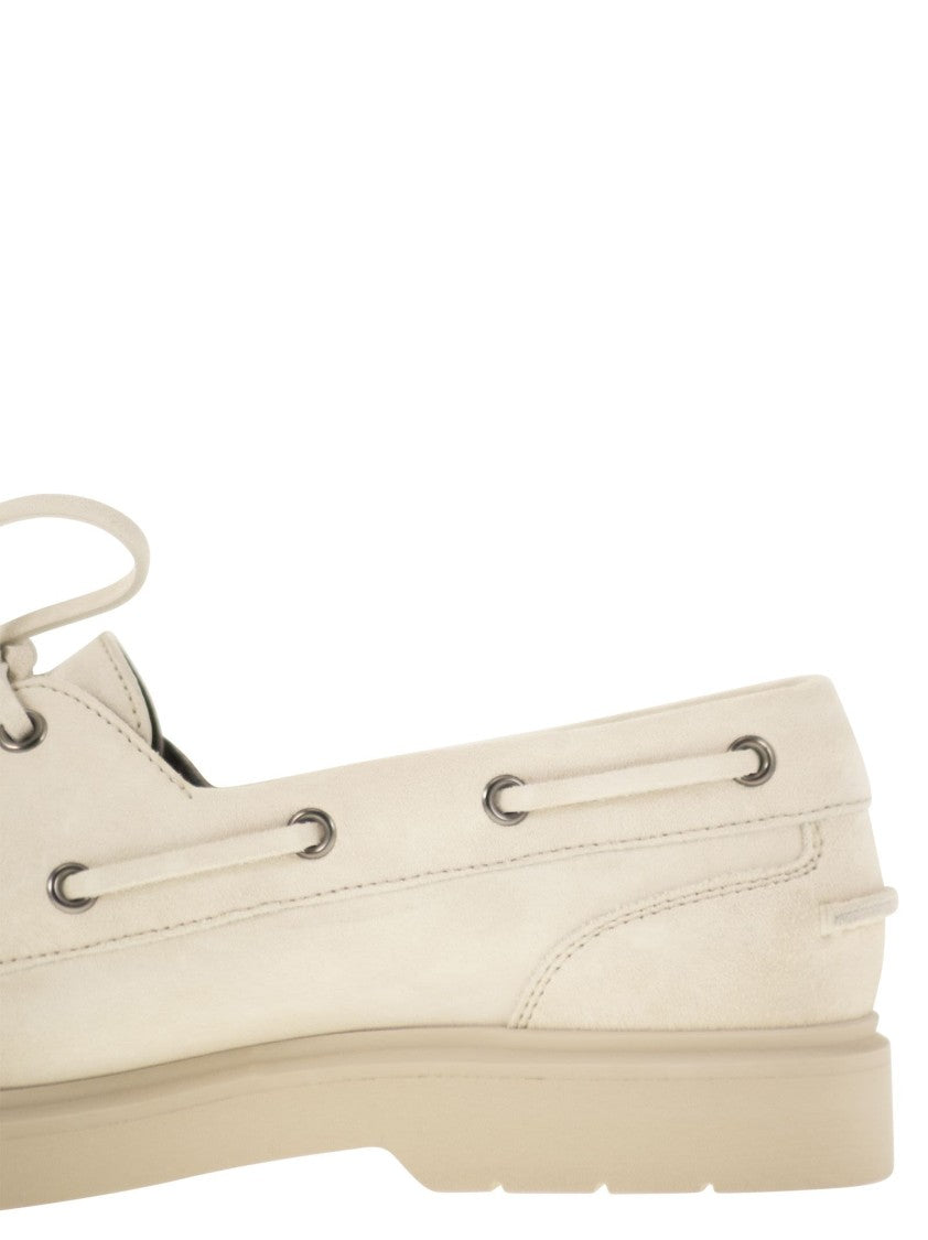 Brunello Cucinelli Penny Loafer Sail In Camoscio Con Shiny Aglets