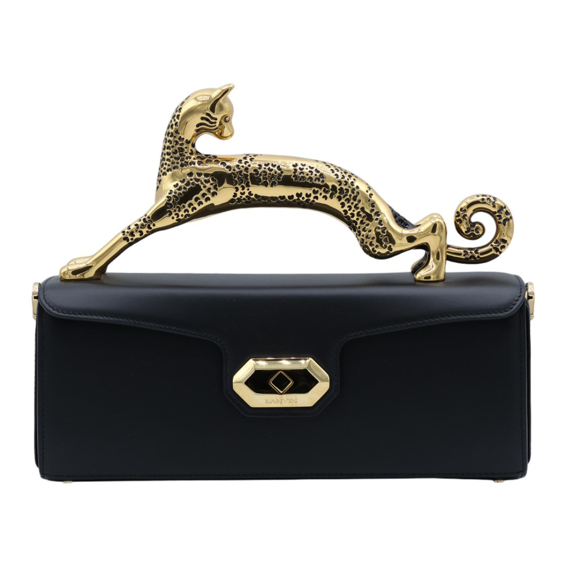 Lanvin Rectangular Black Bag With Leopard Handle And Gold Accents