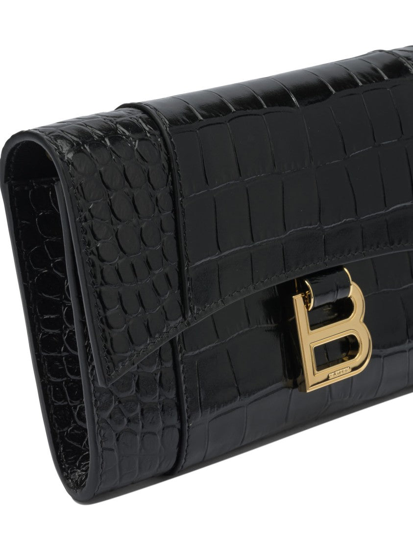 Balenciaga Crocodile-Embossed Leather Clutch With Gold Hardware