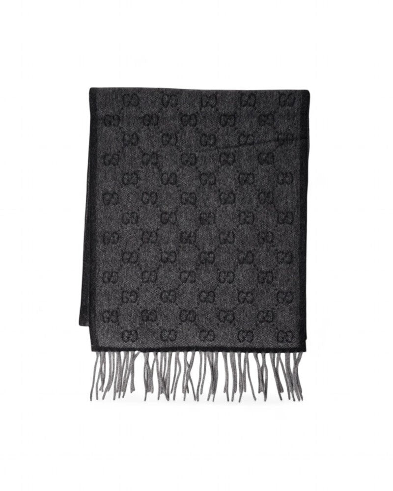 Gucci Black Wool Scarf With Classic Gg Web Pattern