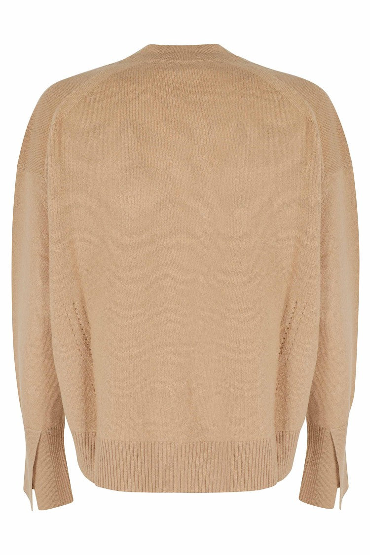 Semi Couture Camel Esther Crew Neck Ribbed Trim Wool Cardigan