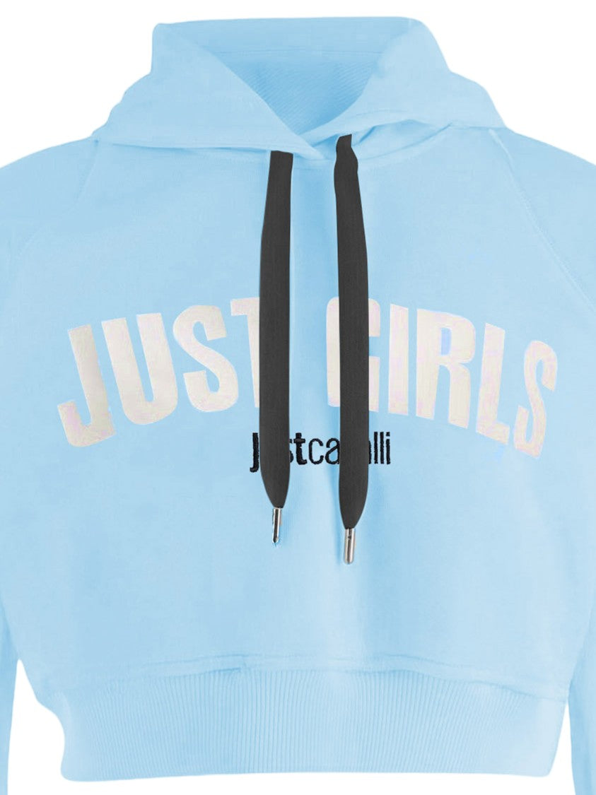 Just Cavalli Cropped Cotton Sweatshirt With Front Logo In Light Blue