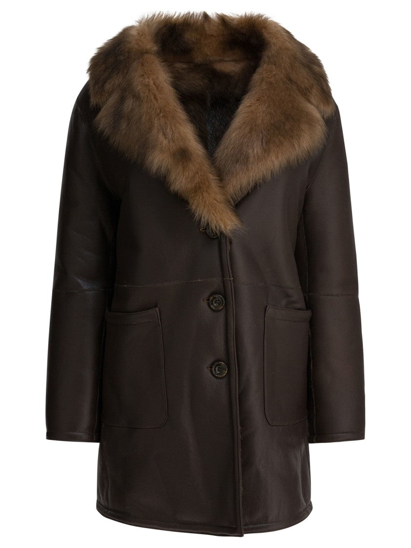 B&W Shearling-Collared Leather Jacket With Button Front