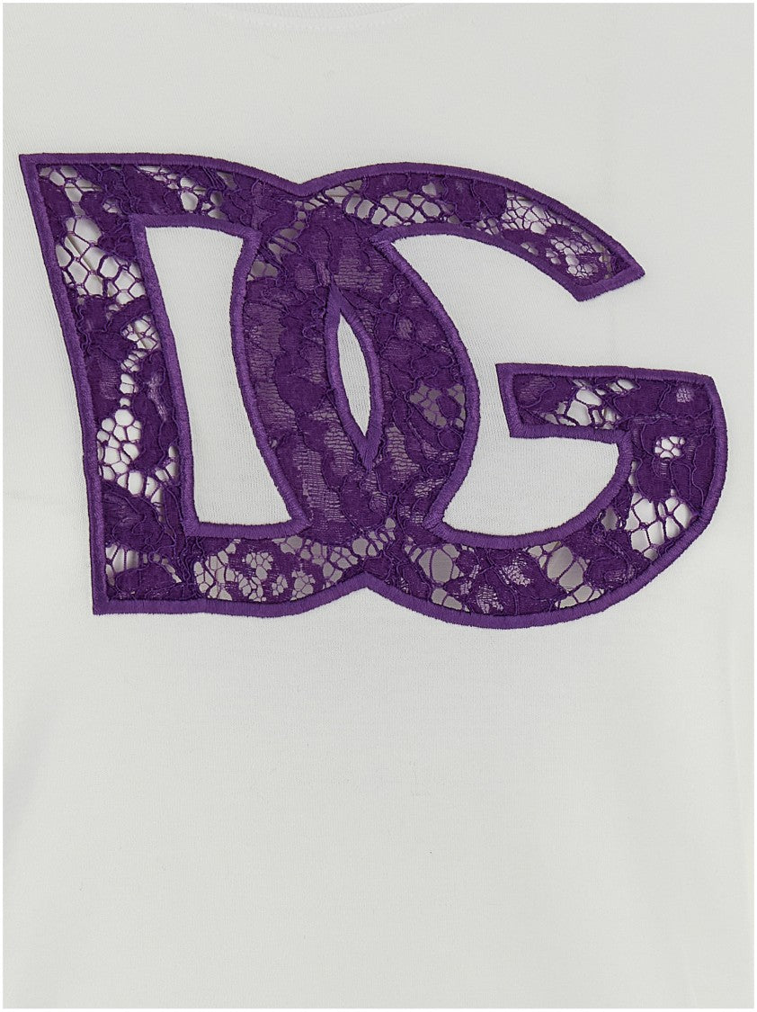 Dolce & Gabbana Cotton Crewneck T-Shirt With Openwork Lace Logo Insert