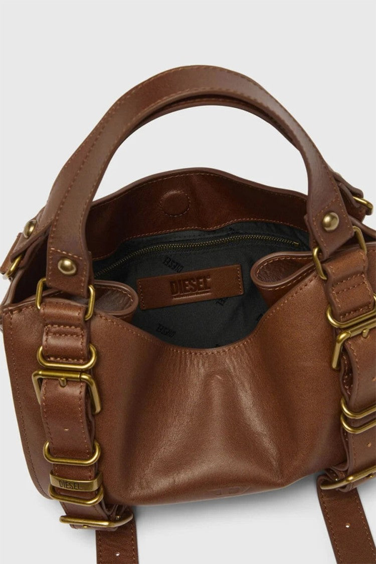 Diesel Brown Buckle Strap Leather Hobo Shoulder Bag