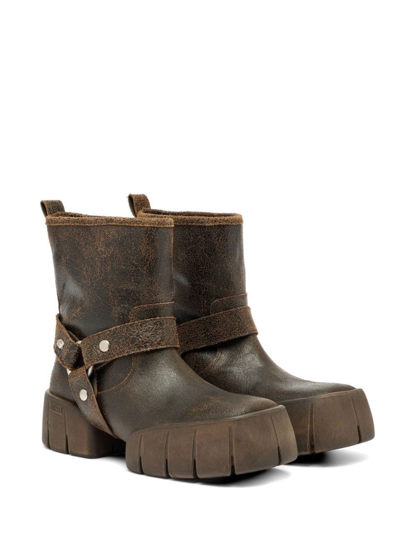 Diesel Brown Square Toe Leather Block Boots