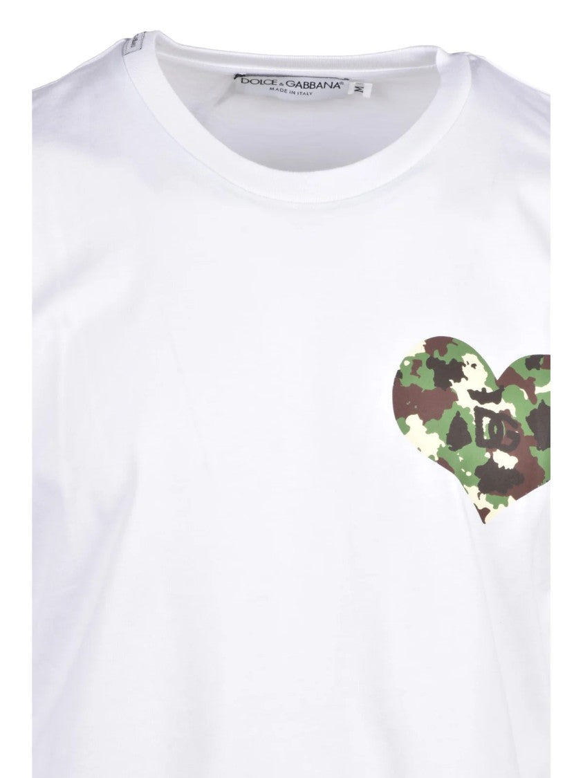 Dolce & Gabbana White Heart-Camouflage Print Cotton T-Shirt