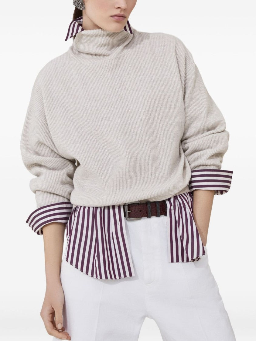 Brunello Cucinelli Ribbed Knit Sweater With High Turtleneck And Dropped Shoulders